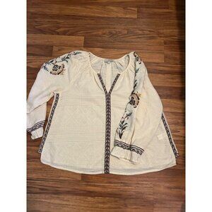 Lucky Brand Boho Peasant Top M White Embroidered Floral Long Sleeve Tunic Blouse